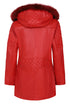 Premium red nappa leather hooded jacket for women with detachable fur, drawstring hood, and hip length by LLD Original