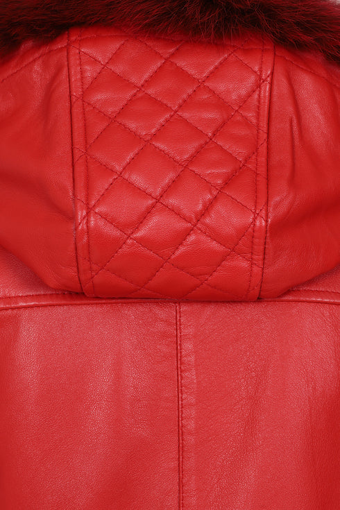 Red Nappa leather hooded jacket for women with detachable fur and drawstring, by LLD Original, hip-length style