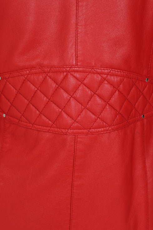 Premium red Nappa leather hooded jacket for women with detachable fur and drawstring, by LLD Original