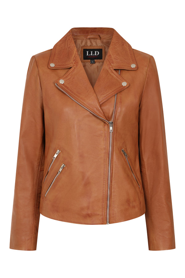Women’s Tan Real Nappa Leather Biker Jacket – Celia