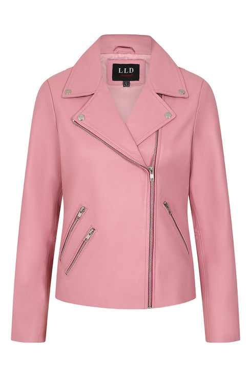 Women's pink biker style real leather jacket with a collar, hip length, and inside pocket by LLD Original