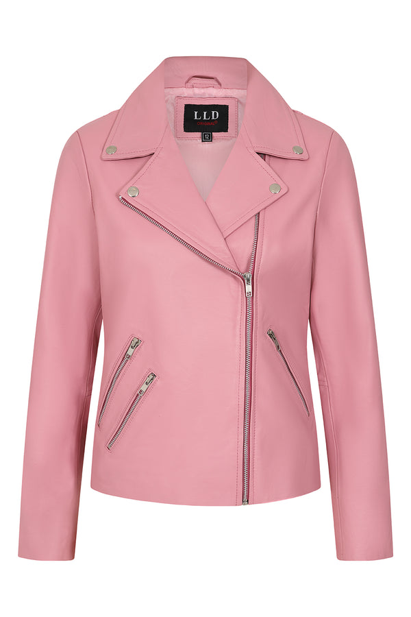 Women's pink biker style real leather jacket with a collar, hip length, and inside pocket by LLD Original