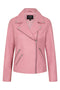 Women's pink biker style real leather jacket with a collar, hip length, and inside pocket by LLD Original