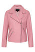 Women's pink biker style real leather jacket with a collar, hip length, and inside pocket by LLD Original