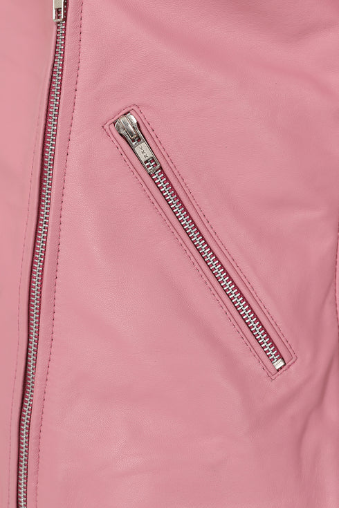 Women's pink real leather biker jacket with collar and inside pocket by LLD Original