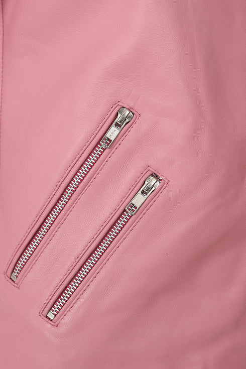 Pink biker style real leather jacket by LLD Original with collar and hip length, featuring inside pocket.