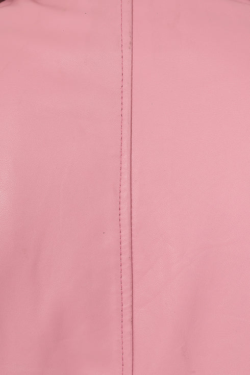 Women's pink real leather biker jacket with collar and inside pocket by LLD Original