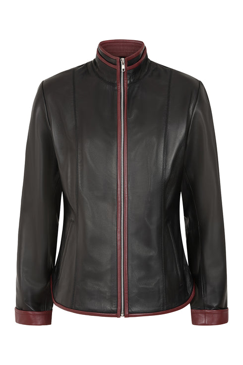 Burgundy contrast detail on black napa leather jacket by LLD Original for women, 24-inch length