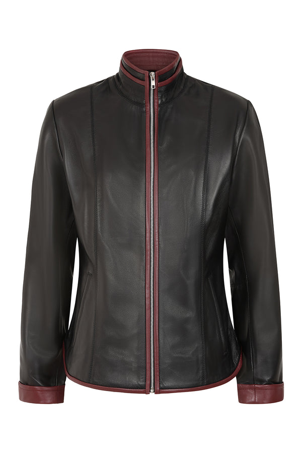 Burgundy contrast detail on black napa leather jacket by LLD Original for women, 24-inch length