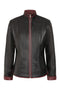 Burgundy contrast detail on black napa leather jacket by LLD Original for women, 24-inch length