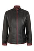 Burgundy contrast detail on black napa leather jacket by LLD Original for women, 24-inch length