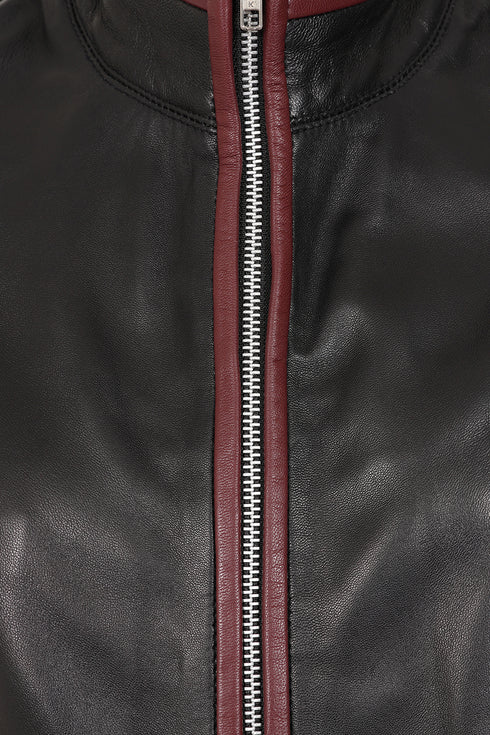 Burgundy contrast detail on a black Napa leather women's jacket by LLD Original, featuring a classic style.