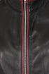 Burgundy contrast detail on a black Napa leather women's jacket by LLD Original, featuring a classic style.