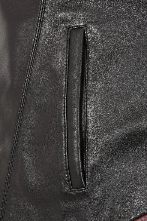 Burgundy contrast detail on black Napa leather jacket for women by LLD Original, 24-inch length, sizes 8-12 available.