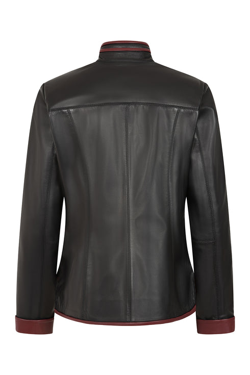 Burgundy contrast detail on black Napa leather jacket for women by LLD Original, with a classic 24-inch length.