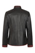 Burgundy contrast detail on black Napa leather jacket for women by LLD Original, with a classic 24-inch length.