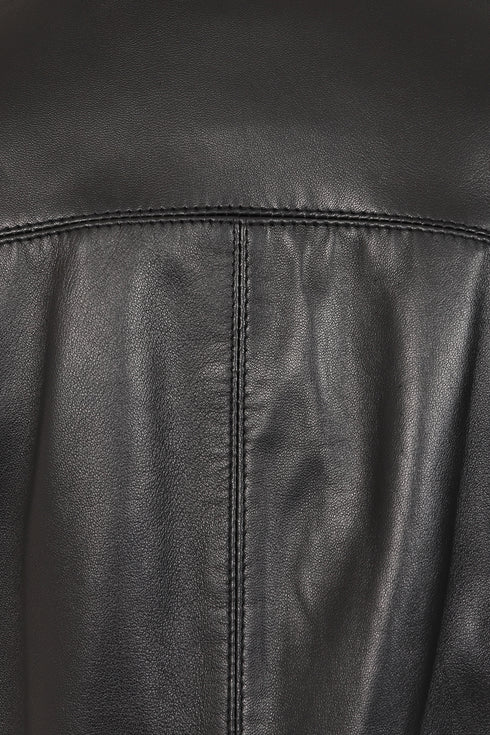 Black napa leather jacket with burgundy contrast detailing, 24-inch length, by LLD Original