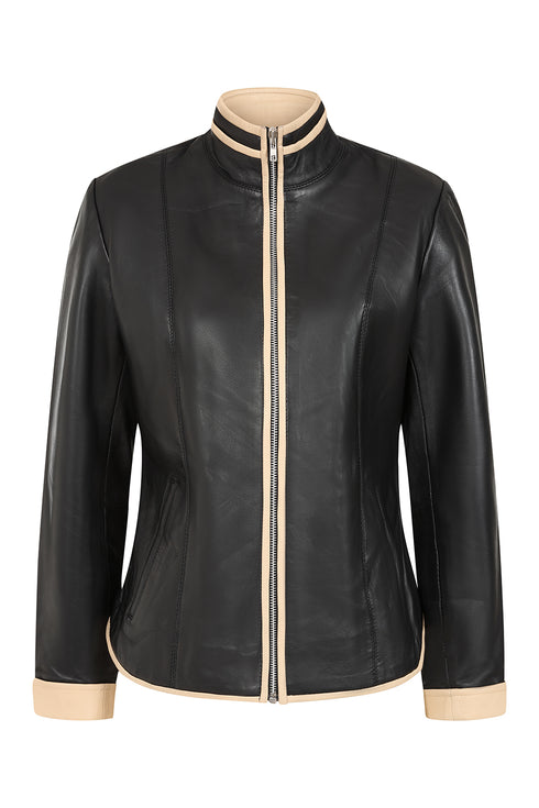 LLD Original Women's black napa leather jacket with cream contrast details, 24-inch length, available in sizes 8-12.