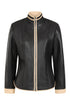 LLD Original Women's black napa leather jacket with cream contrast details, 24-inch length, available in sizes 8-12.