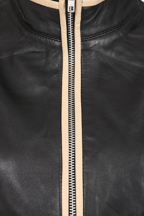 LLD Original women's black napa leather jacket with cream contrast detail, 24-inch length, available in sizes 8-12