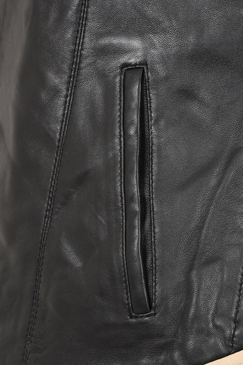 LLD Original women's black napa leather jacket with cream contrast detailing, 24-inch length