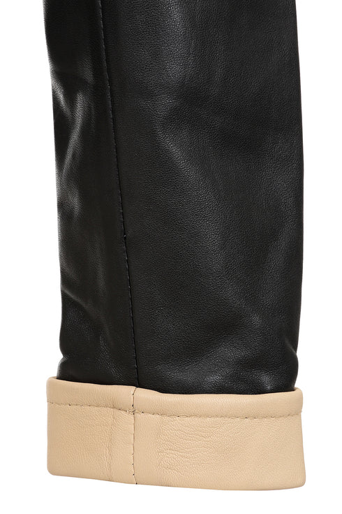 LLD Original women's black Napa leather jacket with cream contrast detailing, 24-inch length, available in multiple sizes.