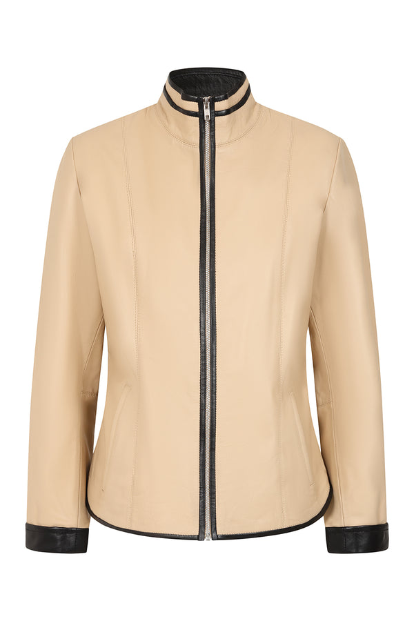 LLD Original black cream napa leather jacket with contrast details, 24-inch length, women's style.