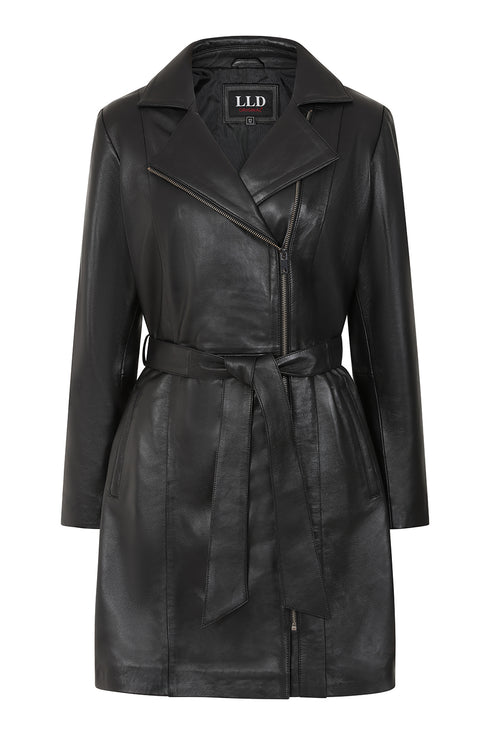 Knee-length women's black Napa leather belted coat by LLD Original, featuring a stylish belt and classic design.