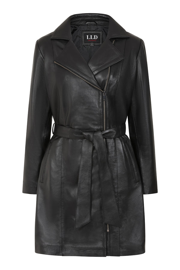 Knee-length women's black Napa leather belted coat by LLD Original, featuring a stylish belt and classic design.