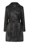 Knee-length women's black Napa leather belted coat by LLD Original, featuring a stylish belt and classic design.