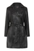 Knee-length women's black Napa leather belted coat by LLD Original, featuring a stylish belt and classic design.