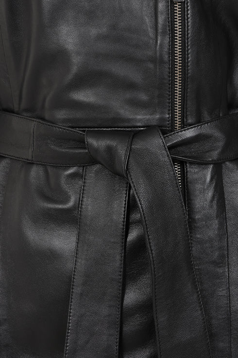 Women's black Napa leather belted coat, knee-length by LLD Original, featuring a stylish belt and classic design.