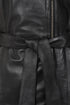 Women's black Napa leather belted coat, knee-length by LLD Original, featuring a stylish belt and classic design.