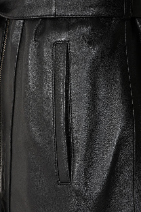 LLD Original Women's black Napa leather belted coat, knee-length, featuring a stylish belt and classic design.