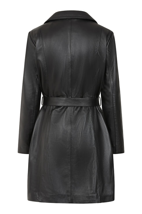 Knee-length women's black Napa leather belted coat by LLD Original with a stylish belt detail