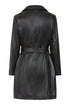 Knee-length women's black Napa leather belted coat by LLD Original with a stylish belt detail