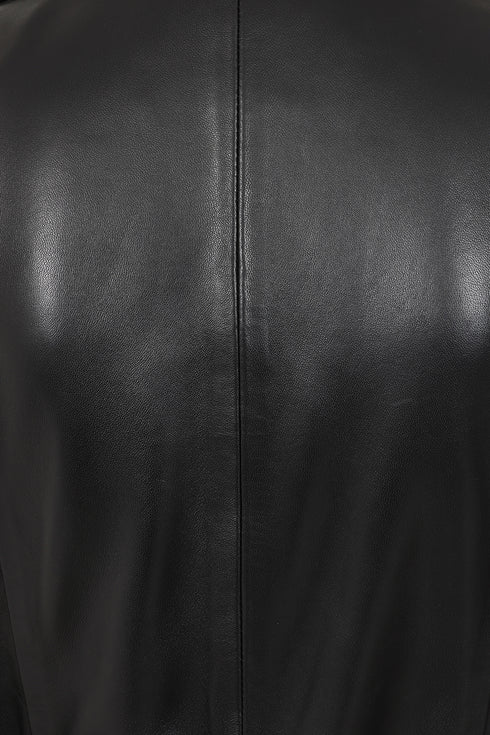 Knee-length black napa leather belted coat for women by LLD Original