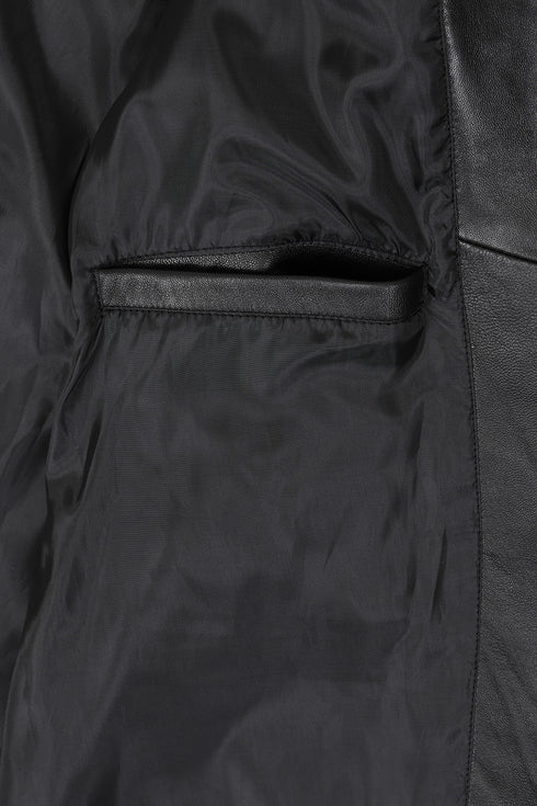 Women's knee-length black Napa leather belted coat by LLD Original, featuring a stylish belt and classic design.