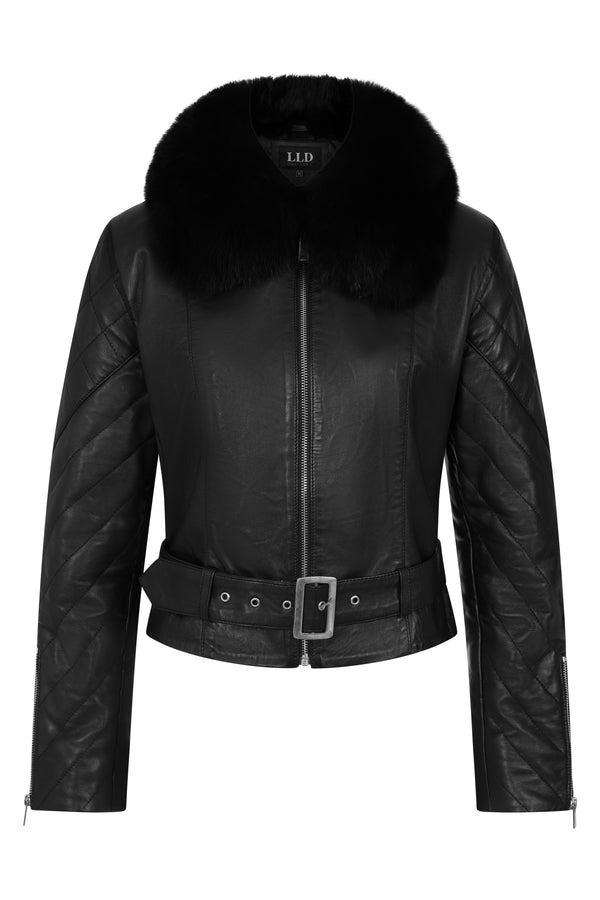 Black nappa leather biker jacket with fur collar, LLD Original, available in multiple sizes