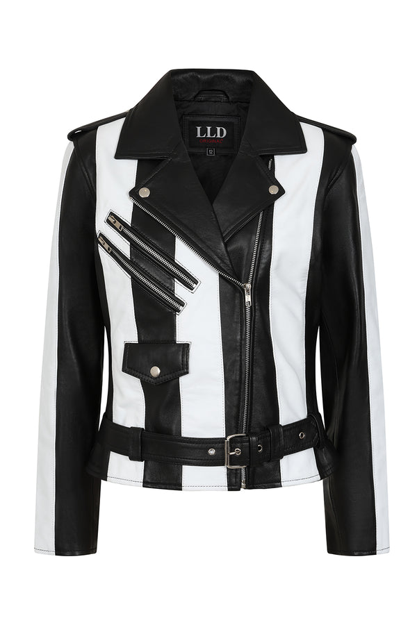 Black and white belted Napa leather biker jacket for women by LLD Original, featuring a classic design.