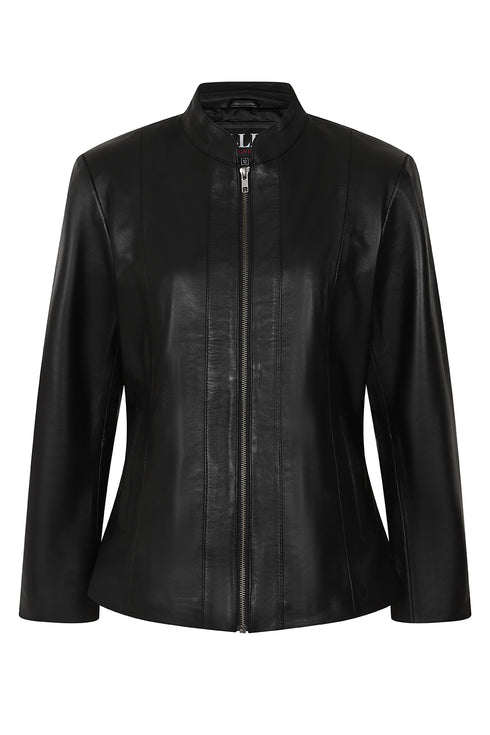 LLD Original women's fitted black nappa leather jacket with a classic design.