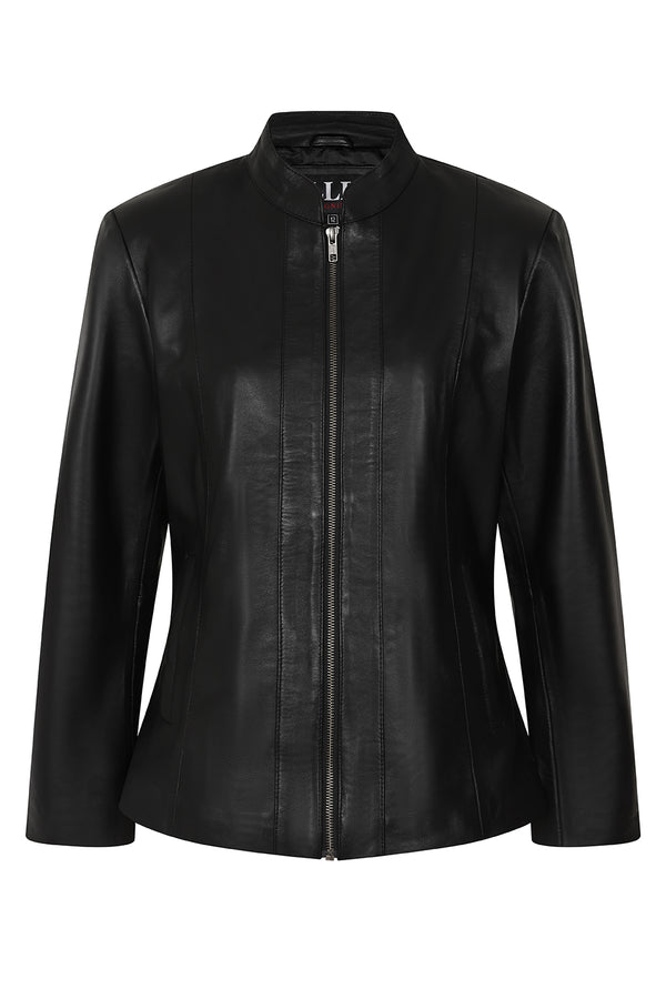 LLD Original women's fitted black nappa leather jacket with a classic design.