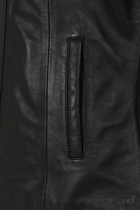 Fitted black nappa leather jacket for women by LLD Original, featuring classic style and sleek design.