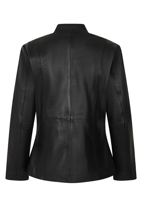 Fitted black nappa leather jacket for women by LLD Original, featuring classic style and genuine leather material.