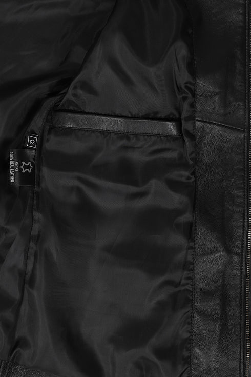LLD Original women's fitted nappa leather jacket in classic black, showcasing sleek design and genuine leather material.