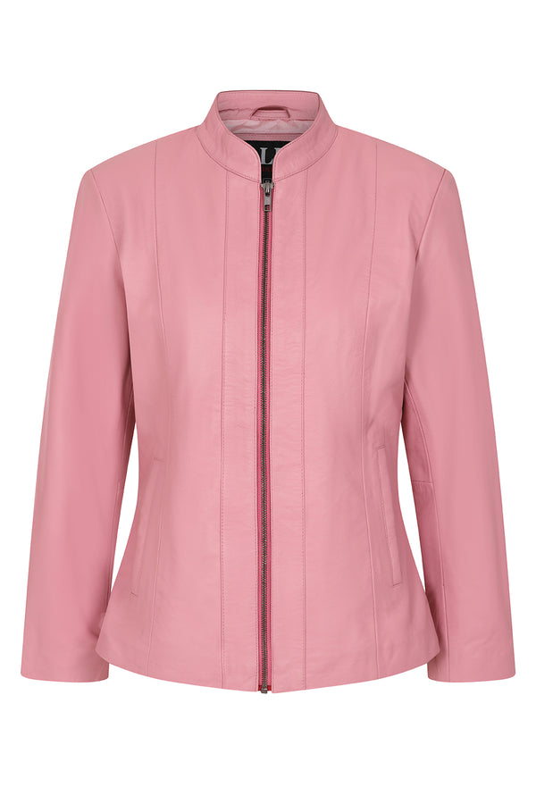 Women's pink fitted nappa leather jacket by LLD Original, classic style, hip length, available in size 8, 10, 12.