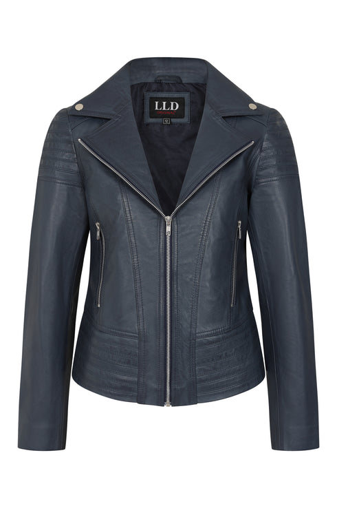 Women’s Navy Real Nappa Leather Biker Jacket – Suzy