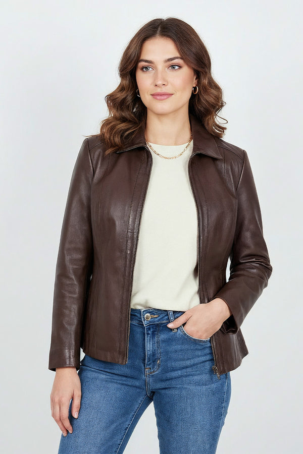 Women's classic brown nappa leather jacket with adjustable collar, 25-inch length, by LLD Original