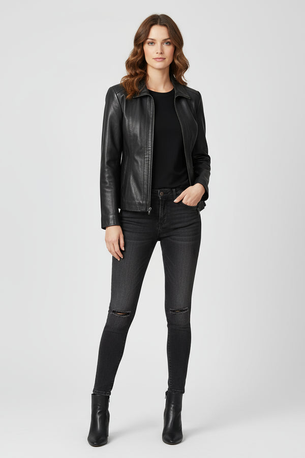 Classic black nappa leather jacket for women by LLD Original with YKK zip and collar detail.