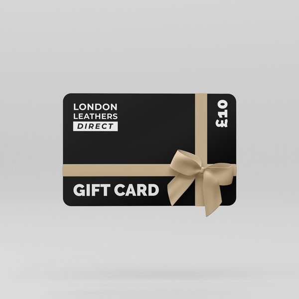 Black gift card with a beige ribbon, featuring London Leathers Direct branding and £10 denomination.